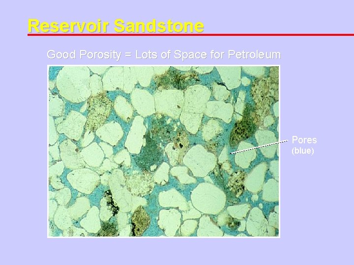 Reservoir Sandstone Good Porosity = Lots of Space for Petroleum Pores (blue) 