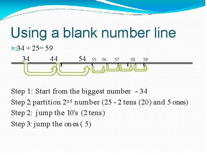 Using a blank number line 34 + 25= 59 34 44 54 55 56