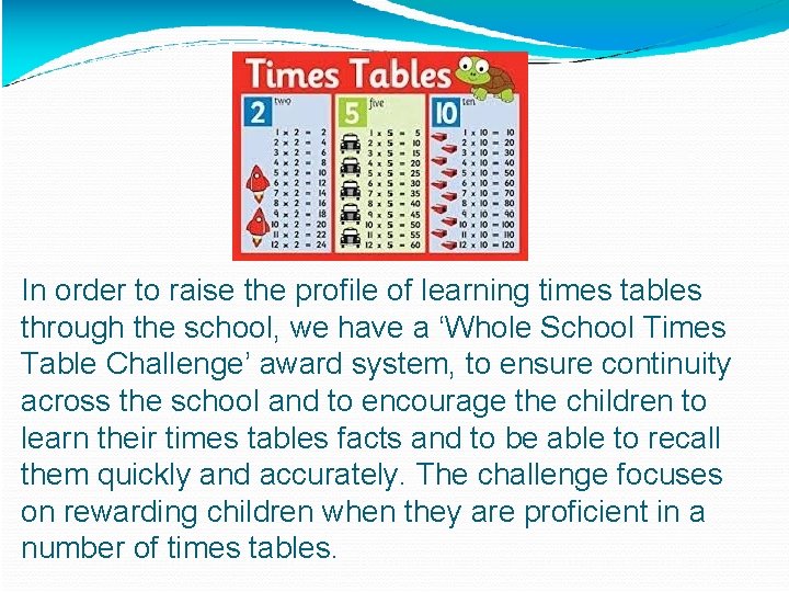 In order to raise the profile of learning times tables through the school, we