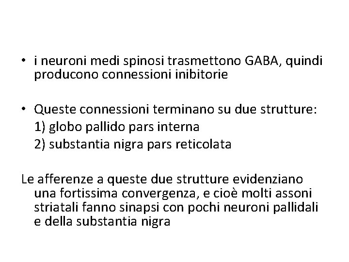  • i neuroni medi spinosi trasmettono GABA, quindi producono connessioni inibitorie • Queste