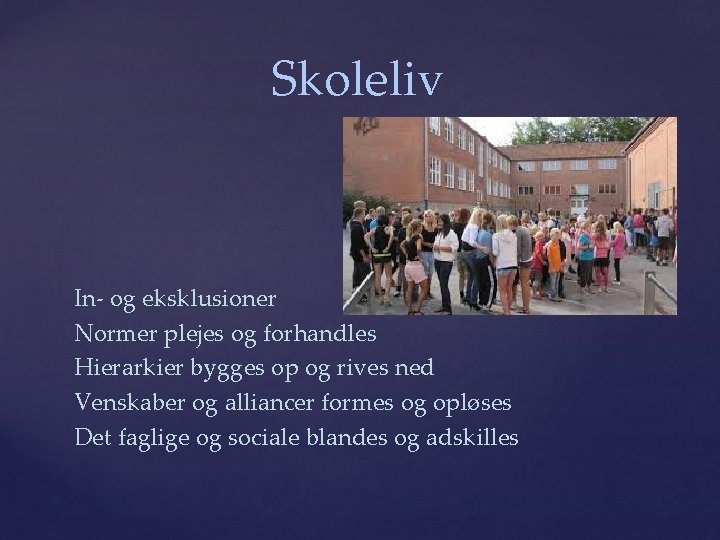 Skoleliv In- og eksklusioner Normer plejes og forhandles Hierarkier bygges op og rives ned