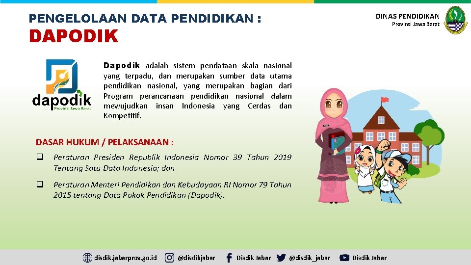PENGELOLAAN DATA PENDIDIKAN : DINAS PENDIDIKAN Provinsi Jawa Barat DAPODIK Dapodik adalah sistem pendataan