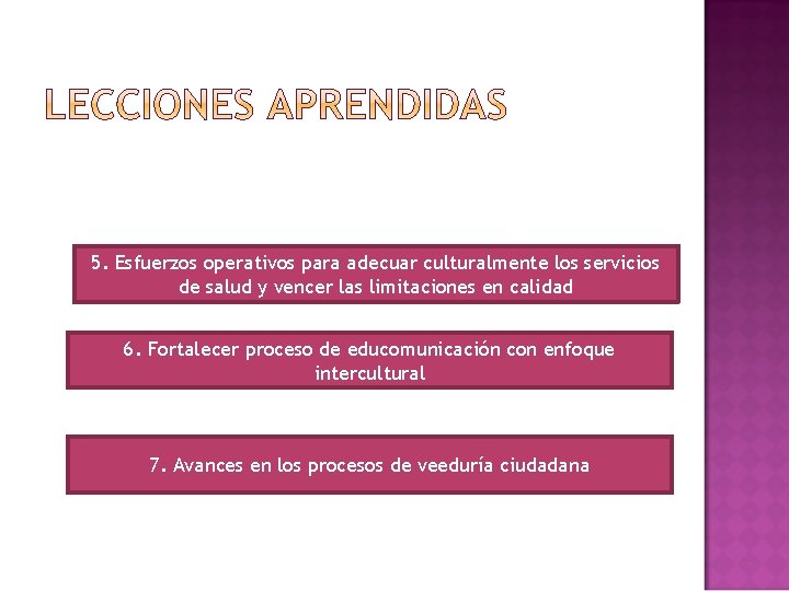 5. Esfuerzos operativos para adecuar culturalmente los servicios de salud y vencer las limitaciones