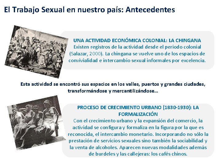 El Trabajo Sexual en nuestro país: Antecedentes UNA ACTIVIDAD ECONÓMICA COLONIAL: LA CHINGANA Existen