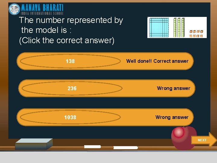 The number represented by the model is : (Click the correct answer) 138 236