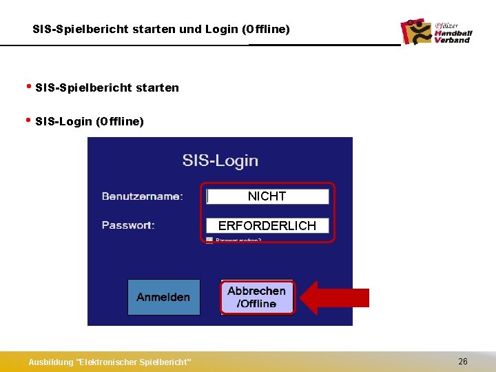 SIS-Spielbericht starten und Login (Offline) • SIS-Spielbericht starten • SIS-Login (Offline) NICHT ERFORDERLICH Ausbildung