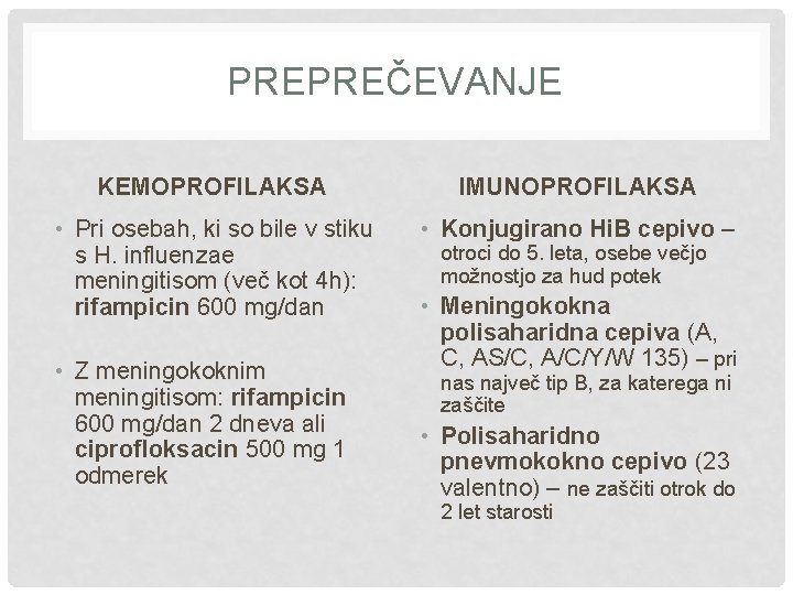 PREPREČEVANJE KEMOPROFILAKSA IMUNOPROFILAKSA • Pri osebah, ki so bile v stiku s H. influenzae