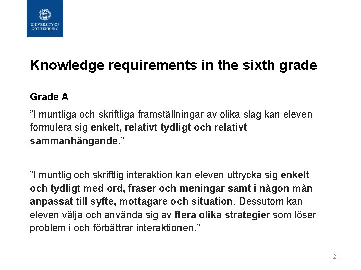 Knowledge requirements in the sixth grade Grade A ”I muntliga och skriftliga framställningar av