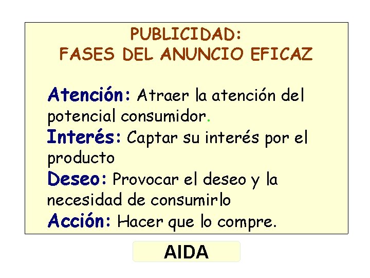 PUBLICIDAD: FASES DEL ANUNCIO EFICAZ Atención: Atraer la atención del potencial consumidor. Interés: Captar