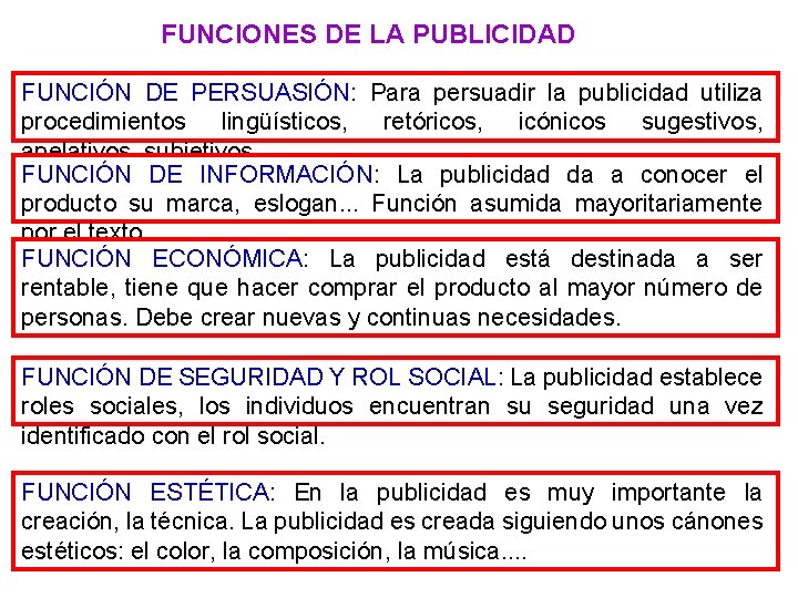 FUNCIONES DE LA PUBLICIDAD FUNCIÓN DE PERSUASIÓN: Para persuadir la publicidad utiliza procedimientos lingüísticos,