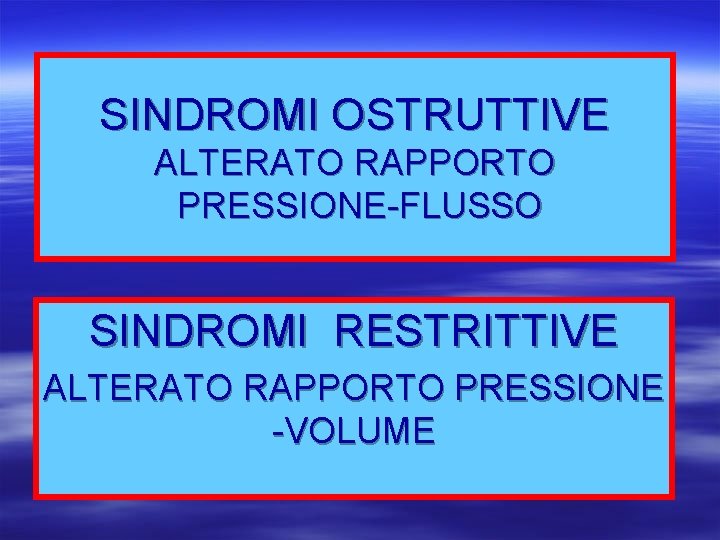 SINDROMI OSTRUTTIVE ALTERATO RAPPORTO PRESSIONE-FLUSSO SINDROMI RESTRITTIVE ALTERATO RAPPORTO PRESSIONE -VOLUME 