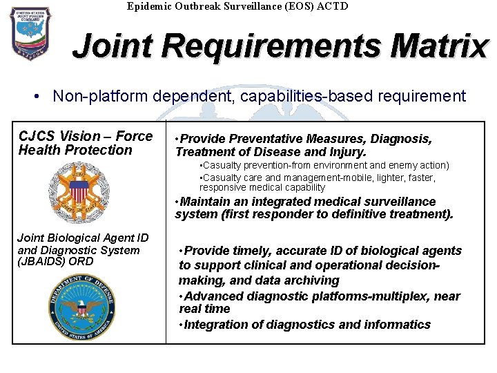 Epidemic Outbreak Surveillance (EOS) ACTD Joint Requirements Matrix • Non-platform dependent, capabilities-based requirement CJCS
