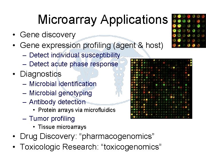 Microarray Applications • Gene discovery • Gene expression profiling (agent & host) – Detect