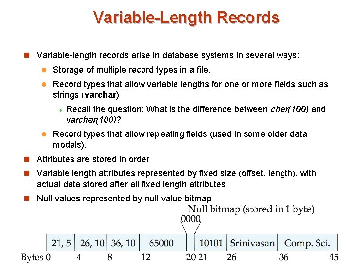 Variable-Length Records n Variable-length records arise in database systems in several ways: l Storage