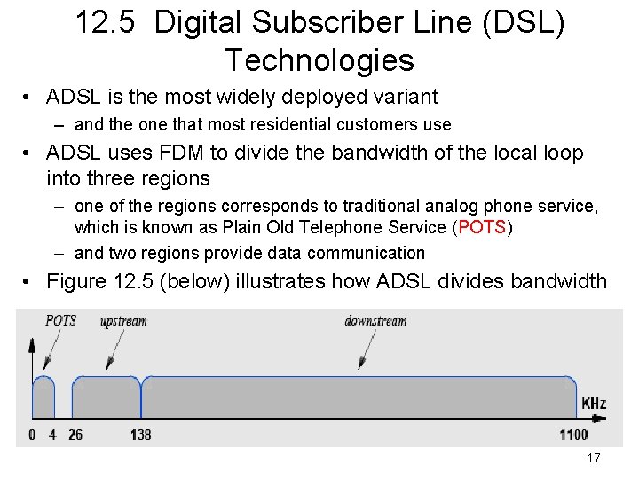 12. 5 Digital Subscriber Line (DSL) Technologies • ADSL is the most widely deployed