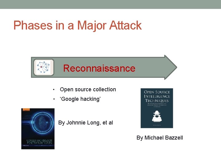Phases in a Major Attack Reconnaissance • Open source collection • ‘Google hacking’ By