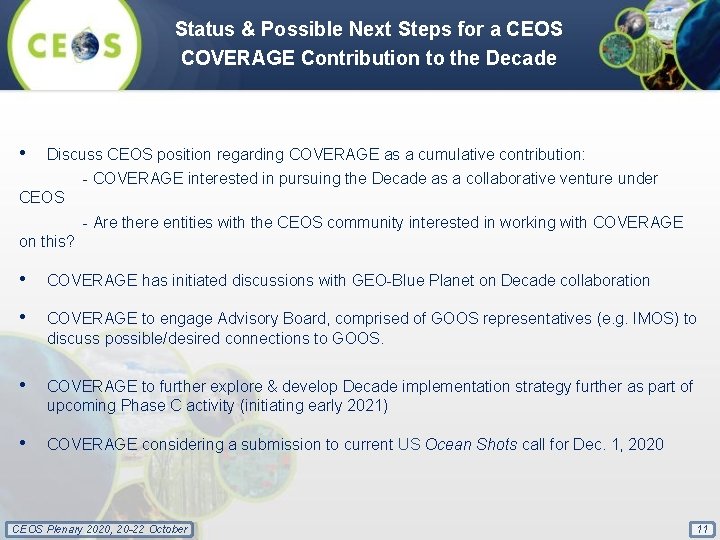 Status & Possible Next Steps for a CEOS COVERAGE Contribution to the Decade •