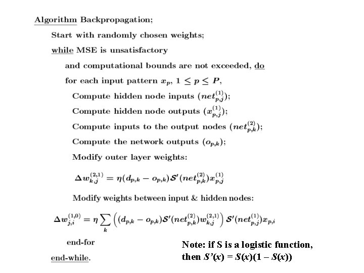 Note: if S is a logistic function, then S’(x) = S(x)(1 – S(x)) 