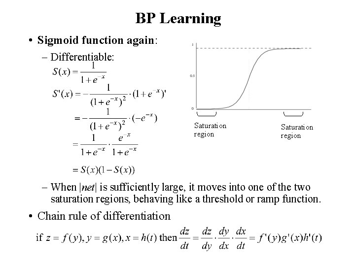 BP Learning • Sigmoid function again: – Differentiable: Saturation region – When |net| is