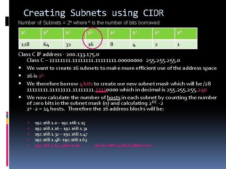Creating Subnets using CIDR Number of Subnets = 2 n where n is the