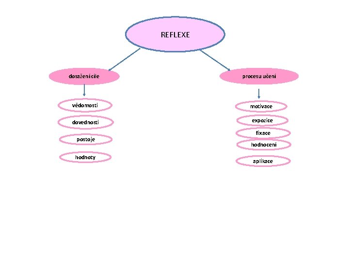 REFLEXE dosažení cíle procesu učení vědomosti motivace dovednosti expozice postoje hodnoty fixace hodnocení aplikace