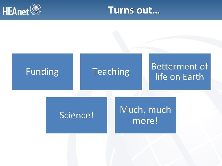 Turns out… Funding Teaching Science! Betterment of life on Earth Much, much more! 