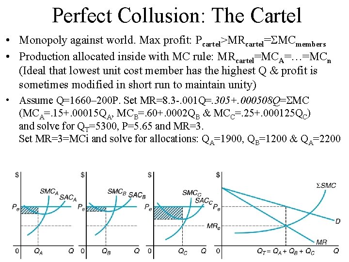 Perfect Collusion: The Cartel • Monopoly against world. Max profit: Pcartel>MRcartel= MCmembers • Production