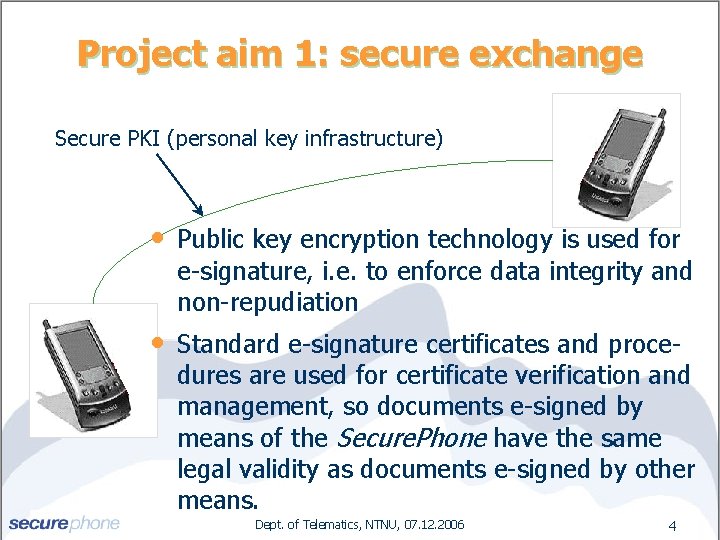 Project aim 1: secure exchange Secure PKI (personal key infrastructure) • Public key encryption