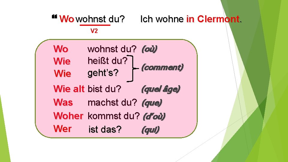  Wo wohnst du? Ich wohne in Clermont. V 2 Wo Wie wohnst du?