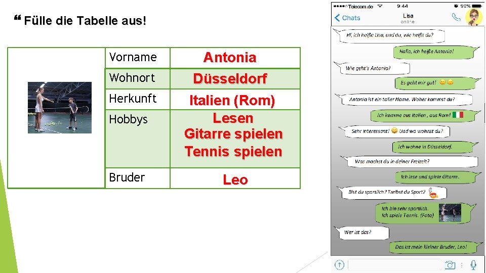  Fülle die Tabelle aus! Vorname Wohnort Herkunft Hobbys Bruder Antonia Düsseldorf Italien (Rom)