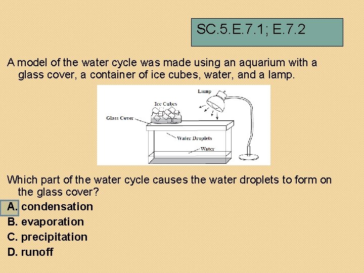 SC. 5. E. 7. 1; E. 7. 2 A model of the water cycle