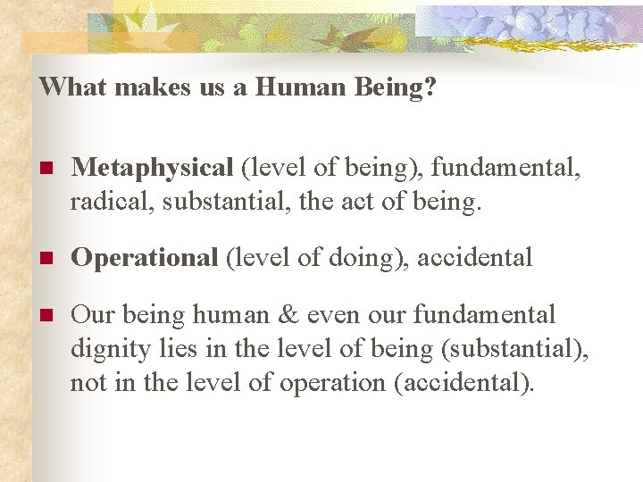 What makes us a Human Being? n Metaphysical (level of being), fundamental, radical, substantial,