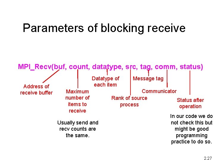 Parameters of blocking receive MPI_Recv(buf, count, datatype, src, tag, comm, status) Address of receive