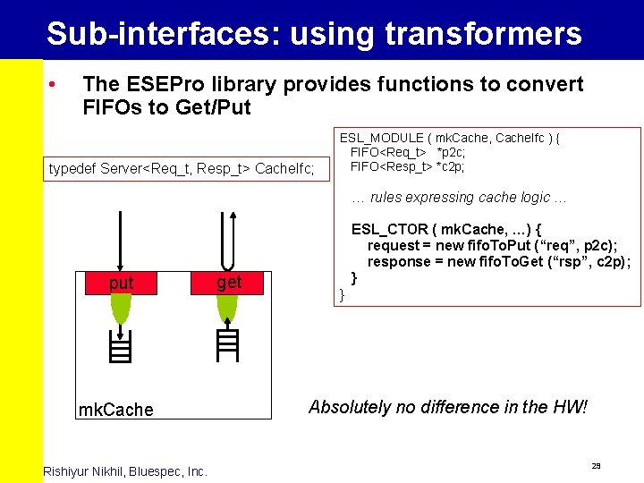Sub-interfaces: using transformers • The ESEPro library provides functions to convert FIFOs to Get/Put