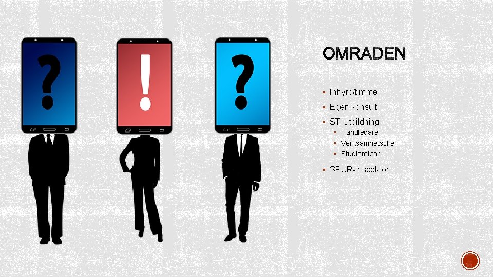 § Inhyrd/timme § Egen konsult § ST-Utbildning § Handledare § Verksamhetschef § Studierektor §