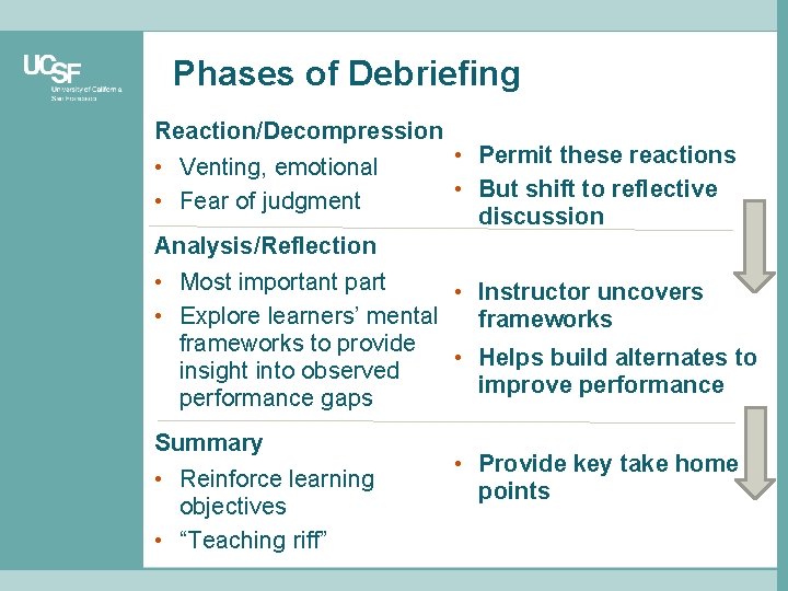 Phases of Debriefing Reaction/Decompression • Venting, emotional • Fear of judgment • Permit these