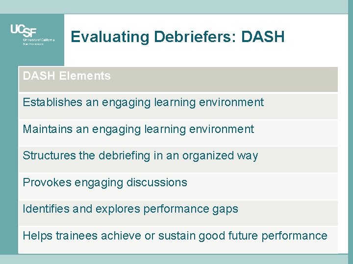 Evaluating Debriefers: DASH Elements Establishes an engaging learning environment Maintains an engaging learning environment