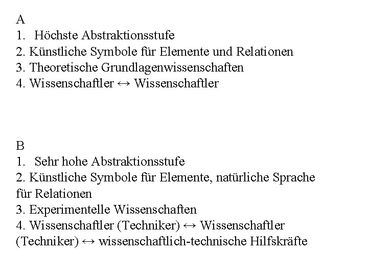 A 1. Höchste Abstraktionsstufe 2. Künstliche Symbole für Elemente und Relationen 3. Theoretische Grundlagenwissenschaften