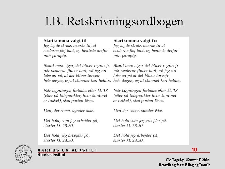 I. B. Retskrivningsordbogen AARHUS UNIVERSITET Nordisk Institut 10 Ole Togeby, Komma F 2006 Retorik