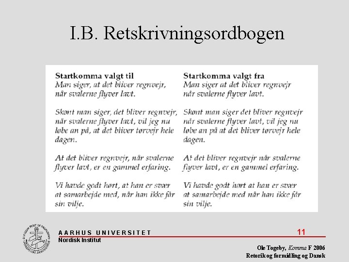 I. B. Retskrivningsordbogen AARHUS UNIVERSITET Nordisk Institut 11 Ole Togeby, Komma F 2006 Retorik