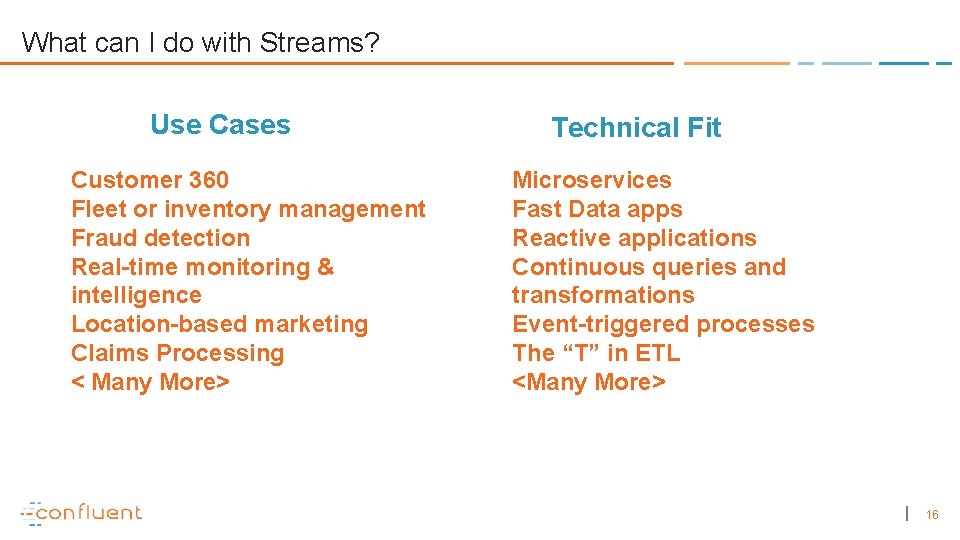 What can I do with Streams? Use Cases Customer 360 Fleet or inventory management