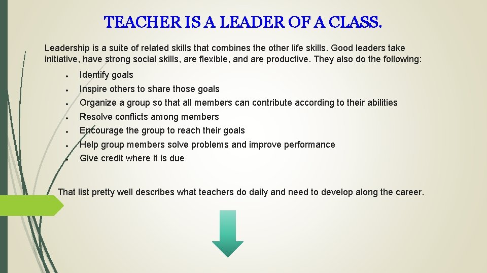 TEACHER IS A LEADER OF A CLASS. Leadership is a suite of related skills