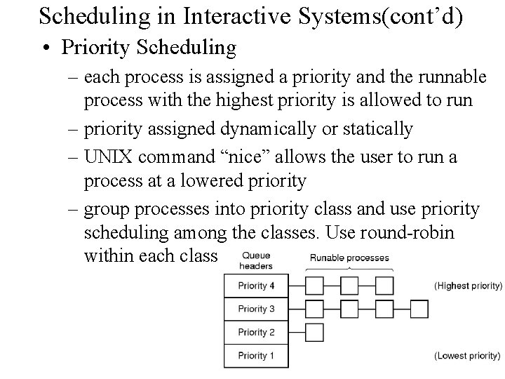 Scheduling in Interactive Systems(cont’d) • Priority Scheduling – each process is assigned a priority