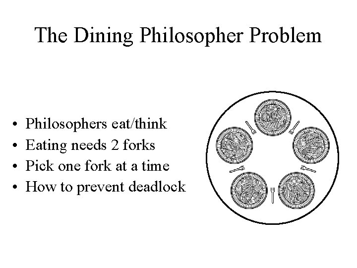 The Dining Philosopher Problem • • Philosophers eat/think Eating needs 2 forks Pick one