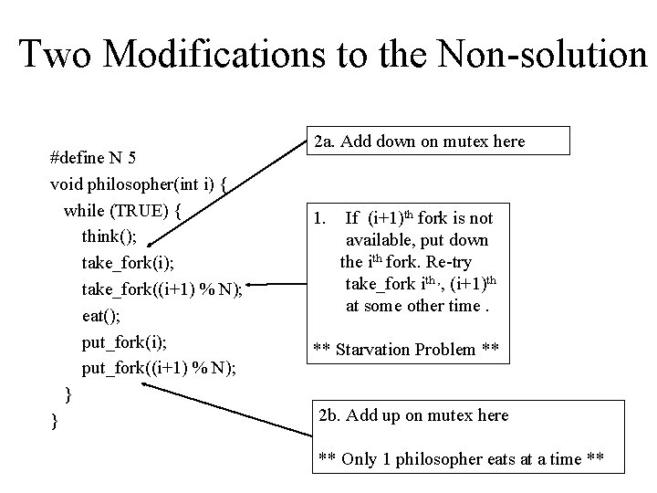 Two Modifications to the Non-solution #define N 5 void philosopher(int i) { while (TRUE)