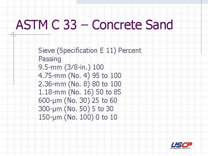 ASTM C 33 – Concrete Sand Sieve (Specification E 11) Percent Passing 9. 5