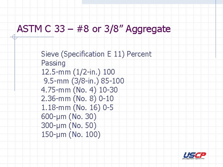 ASTM C 33 – #8 or 3/8” Aggregate Sieve (Specification E 11) Percent Passing