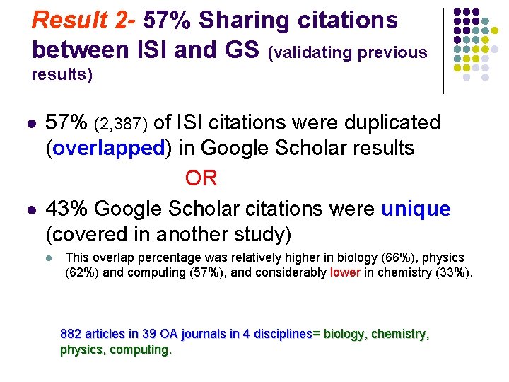 Result 2 - 57% Sharing citations between ISI and GS (validating previous results) l