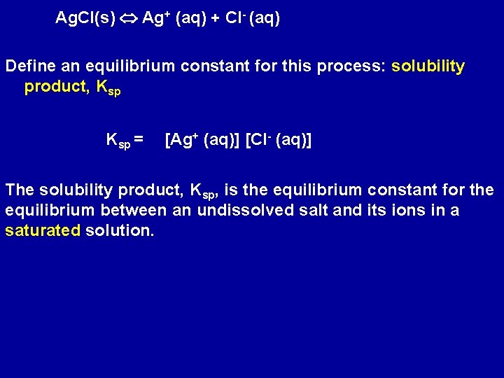 Ag. Cl(s) Ag+ (aq) + Cl- (aq) Define an equilibrium constant for this process: Ag. Cl(s) Ag+ (aq) + Cl- (aq) Define an equilibrium constant for this process: