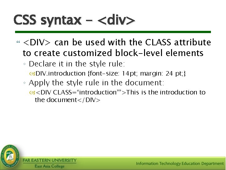 CSS syntax - <div> <DIV> can be used with the CLASS attribute to create